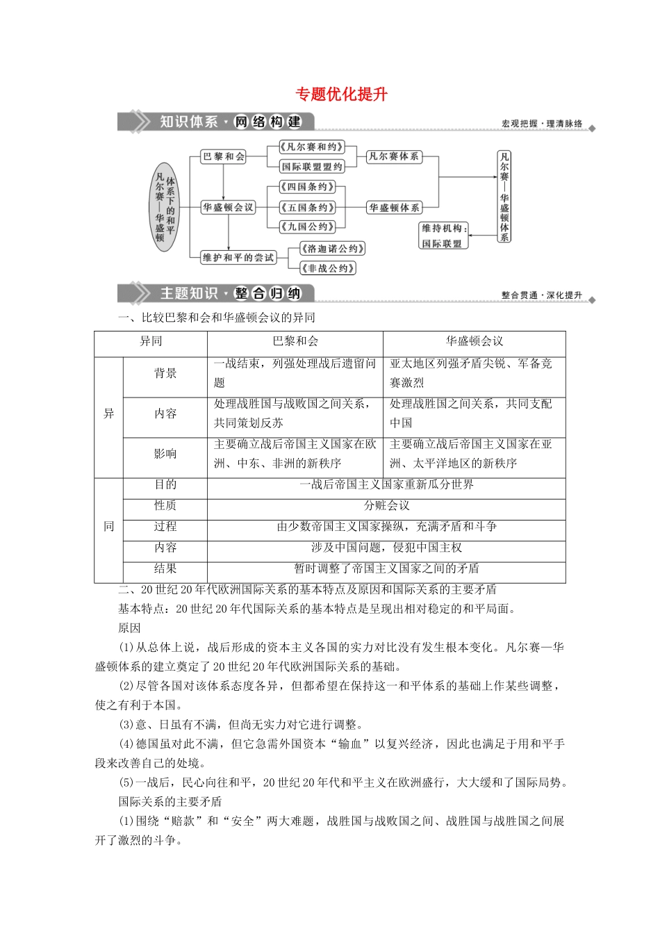 高中历史 专题二 凡尔赛—华盛顿体系下的和平优化提升学案 人民版选修3-人民版高二选修3历史学案_第1页