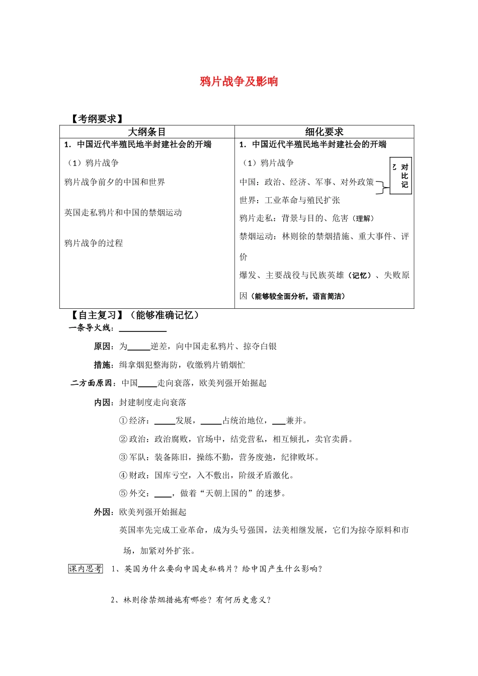 河北存瑞中学高三历史 考点1鸦片战争（中国近现代史）复习学案 人教版_第1页