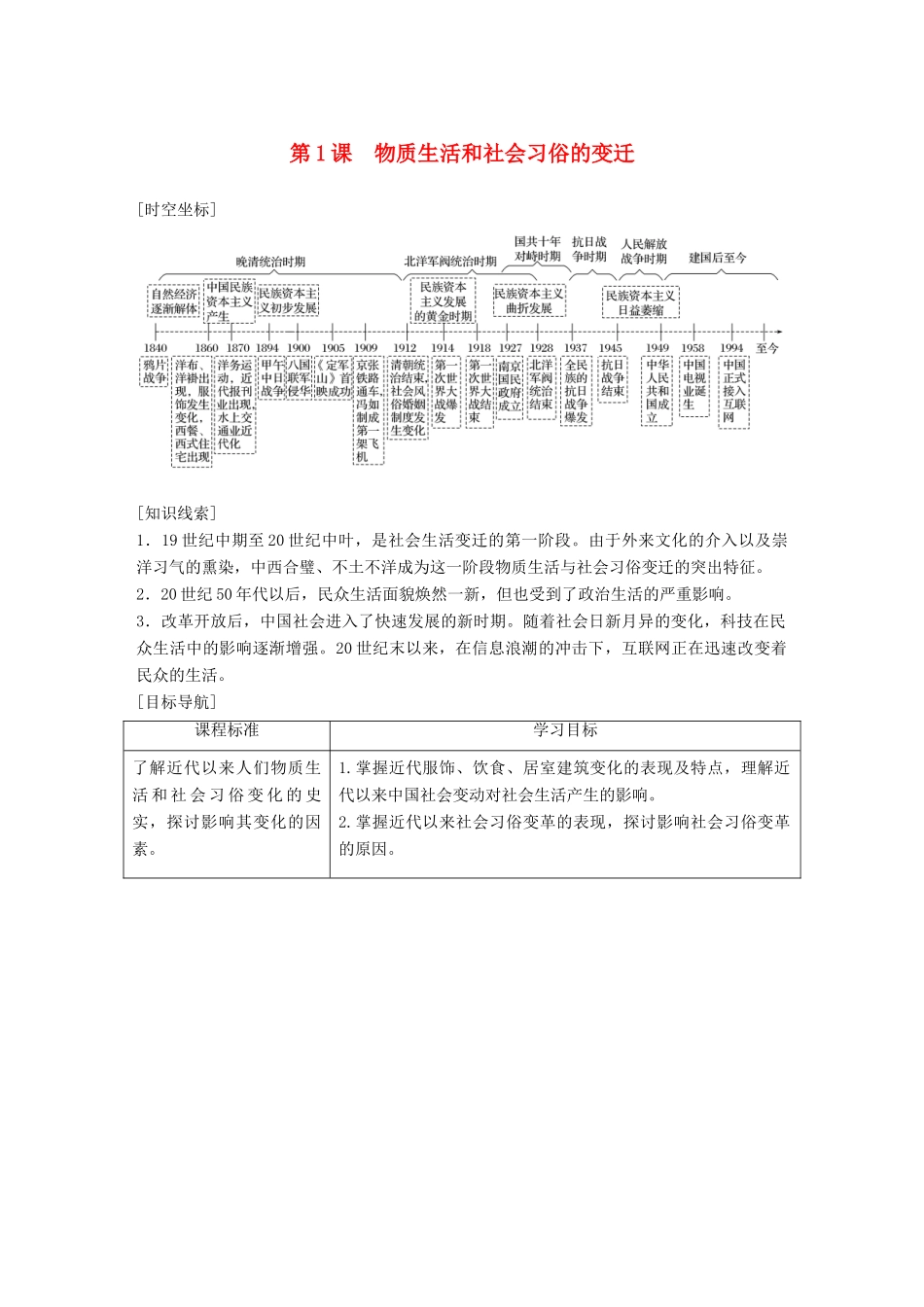 高中历史 专题四 中国近现代社会生活的变迁 第1课 物质生活和社会习俗的变迁学案 人民版必修2-人民版高一必修2历史学案_第1页