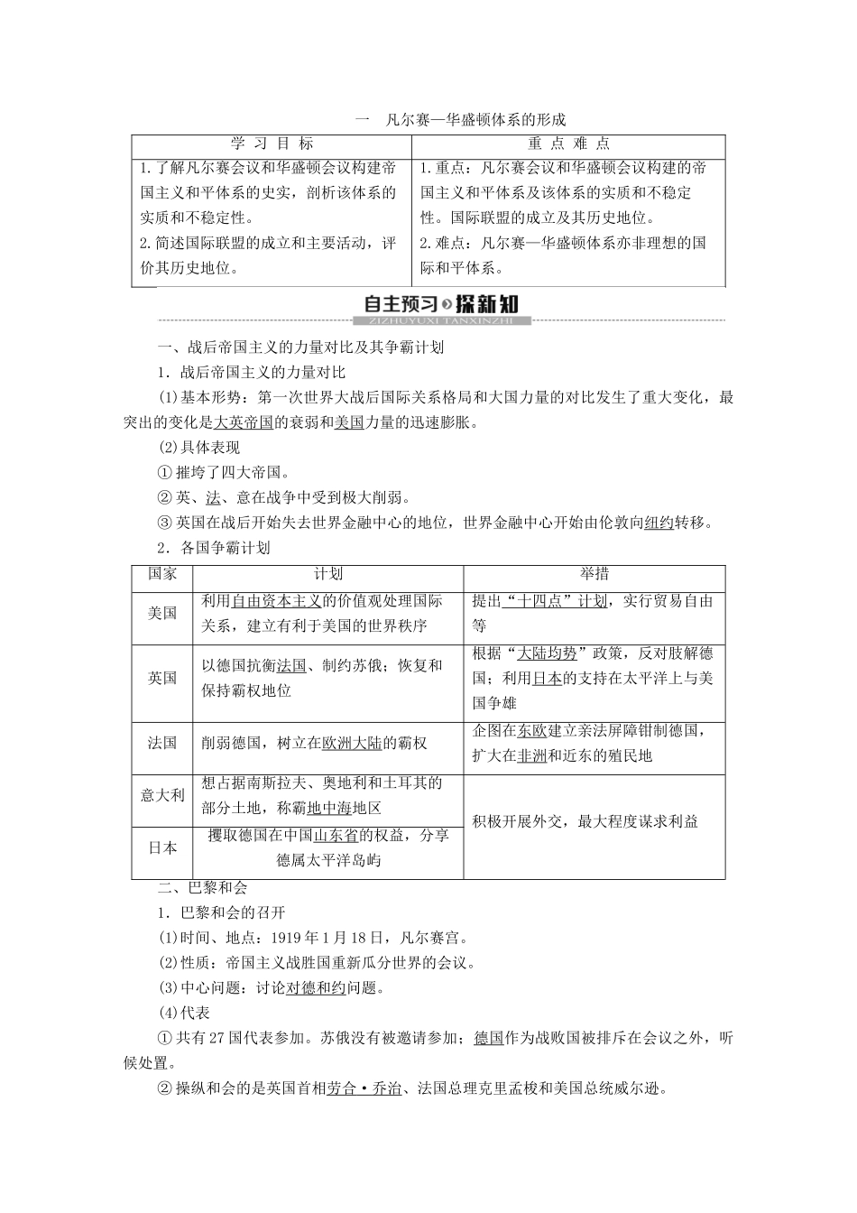 高中历史 专题2 凡尔赛—华盛顿体系的和平 1 凡尔赛—华盛顿体系的形成学案 人民版选修3-人民版高二选修3历史学案_第1页