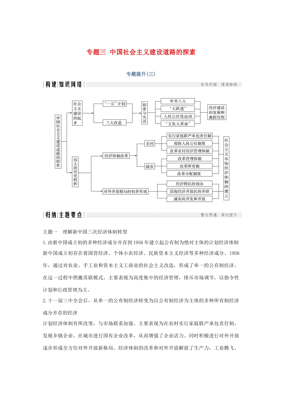 高中历史 专题三 中国社会主义建设道路的探索专题提升学案 人民版必修2-人民版高一必修2历史学案_第1页