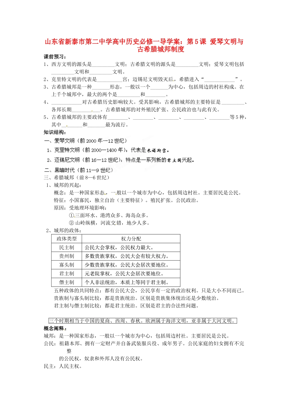 山东省新泰市第二中学高中历史 第5课 爱琴文明与古希腊城邦制度导学案 新人教版必修1_第1页