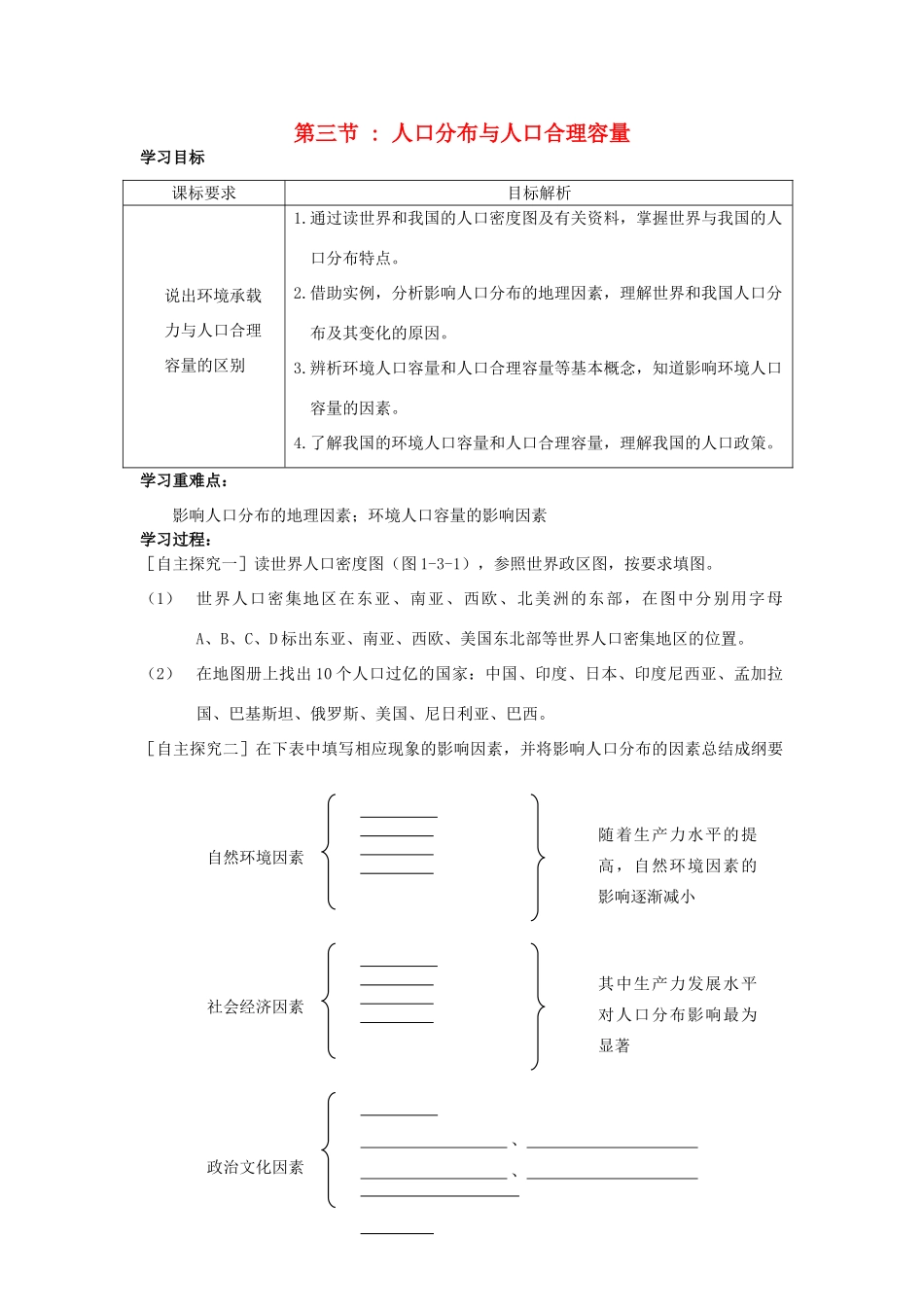 江苏省连云港灌云县第一中学高一地理《人口分布与人口合理容量1》学案 新人教版_第1页