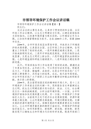 市领导环境保护工作会议讲话发言稿
