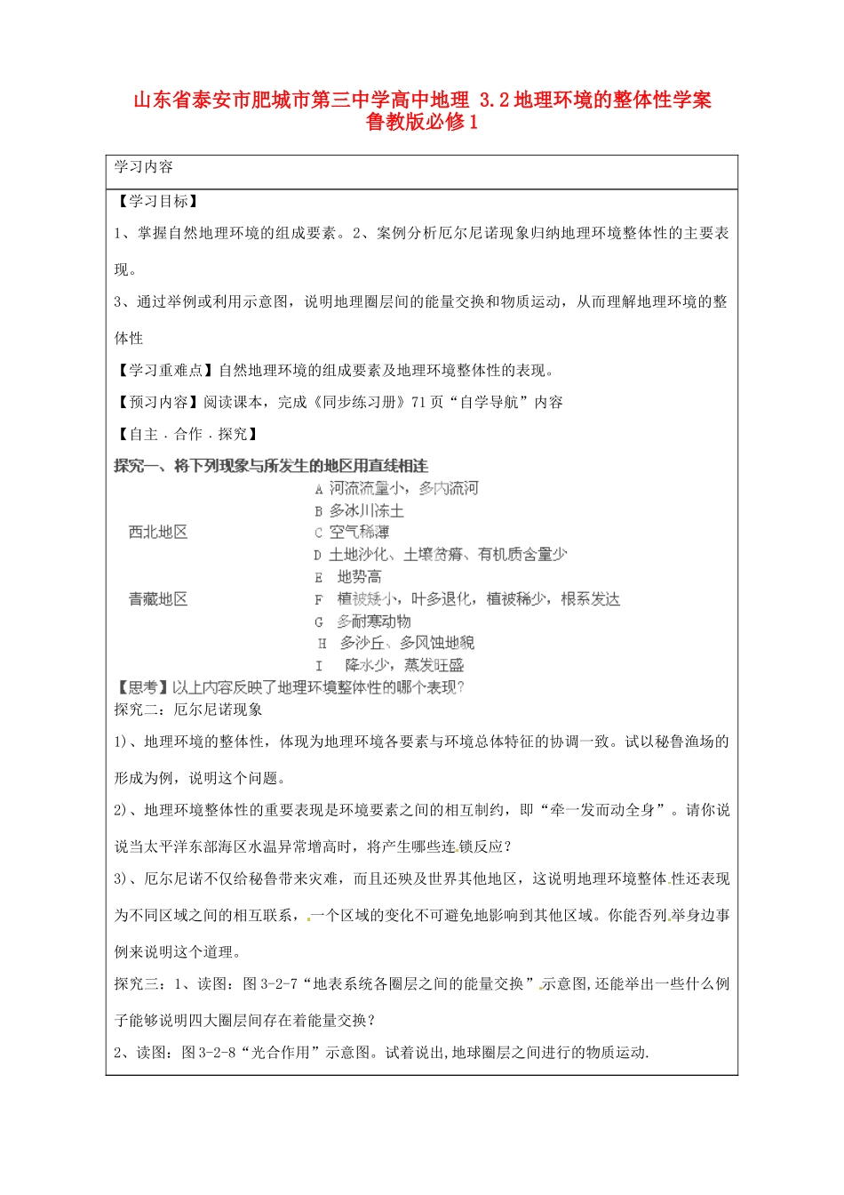 山东省泰安市肥城市第三中学高中地理 3.2地理环境的整体性学案 鲁教版必修1_第1页