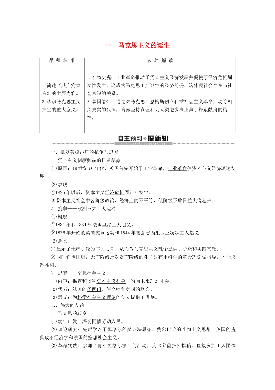 高中历史 专题8 解放人类的阳光大道 1 马克思主义的诞生学案 人民版必修1-人民版高一必修1历史学案_第1页
