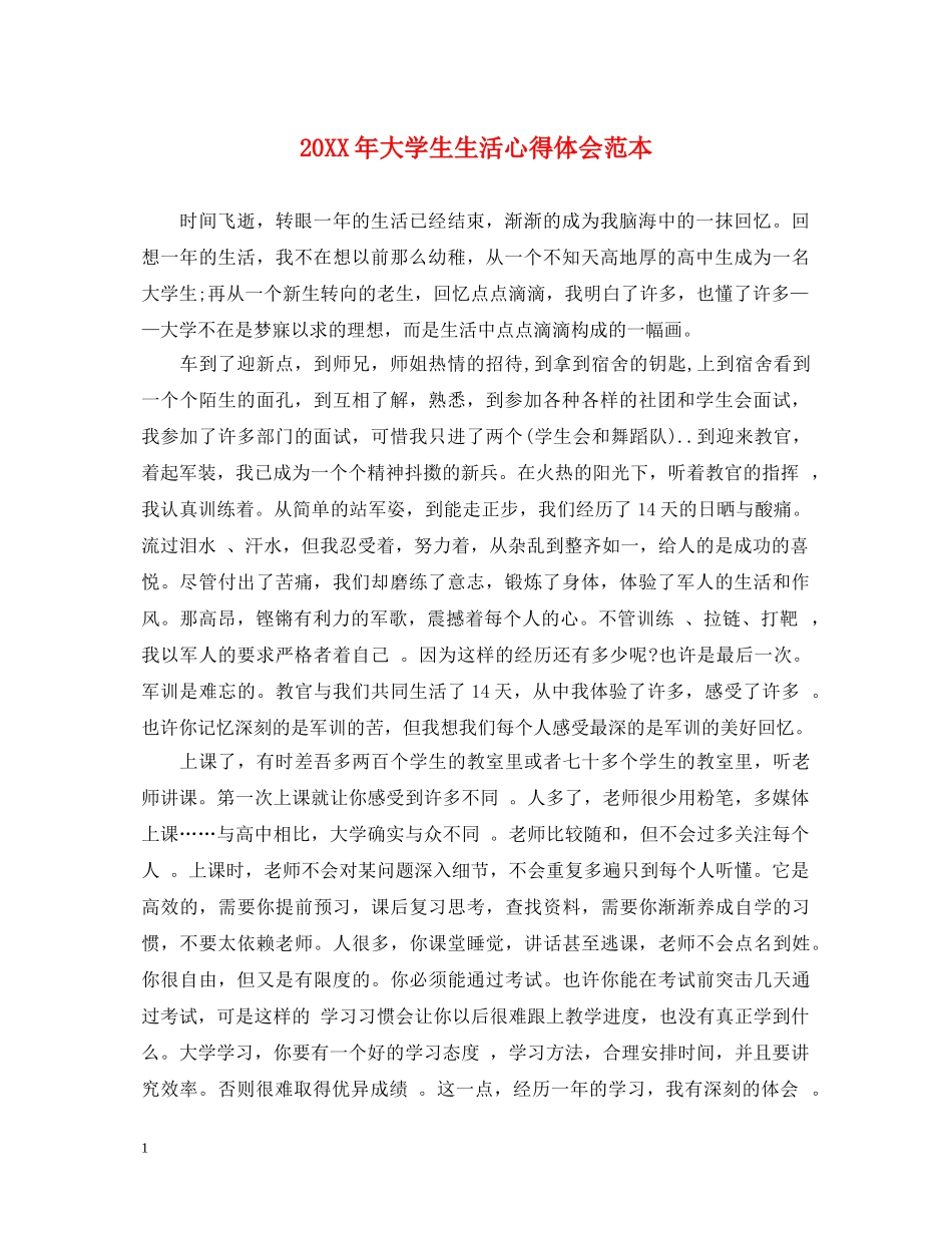 20XX年大学生生活心得体会范本 _第1页