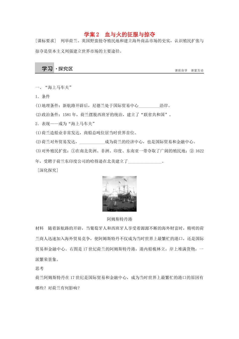 高中历史 专题五 走向世界的资本主义市场 2 血与火的征服与掠夺学案 人民版必修2-人民版高一必修2历史学案_第1页
