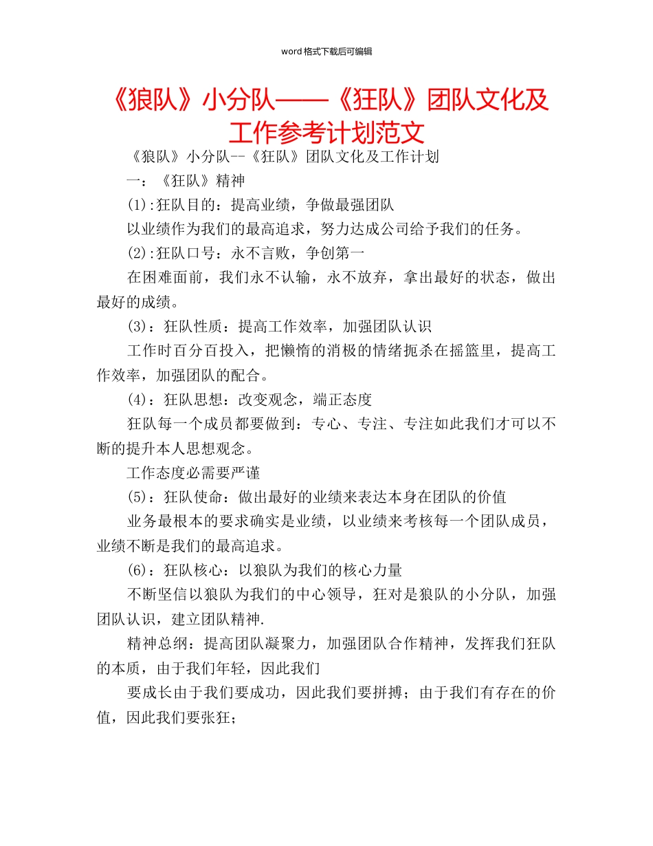 《狼队》小分队——《狂队》团队文化及工作参考计划范文 _第1页