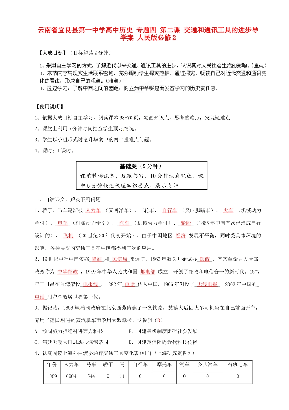 云南省宜良县第一中学高中历史 专题四 第二课 交通和通讯工具的进步导学案 人民版必修2_第1页