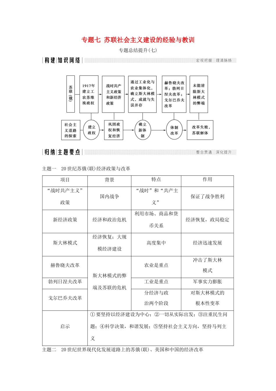 高中历史 专题七 苏联社会主义建设的经验与教训专题总结提升学案 人民版必修2-人民版高一必修2历史学案_第1页