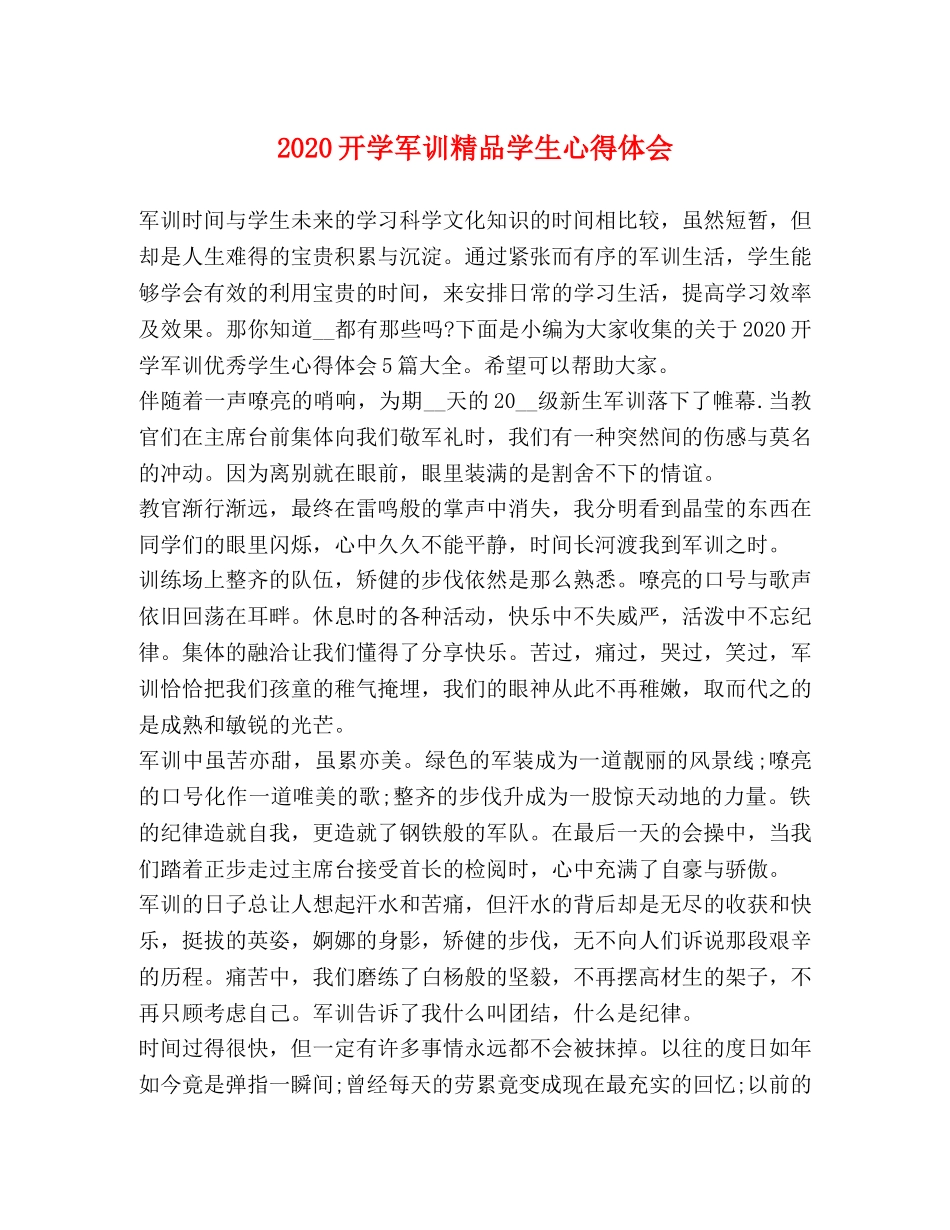 2024开学军训精品学生心得体会 _第1页