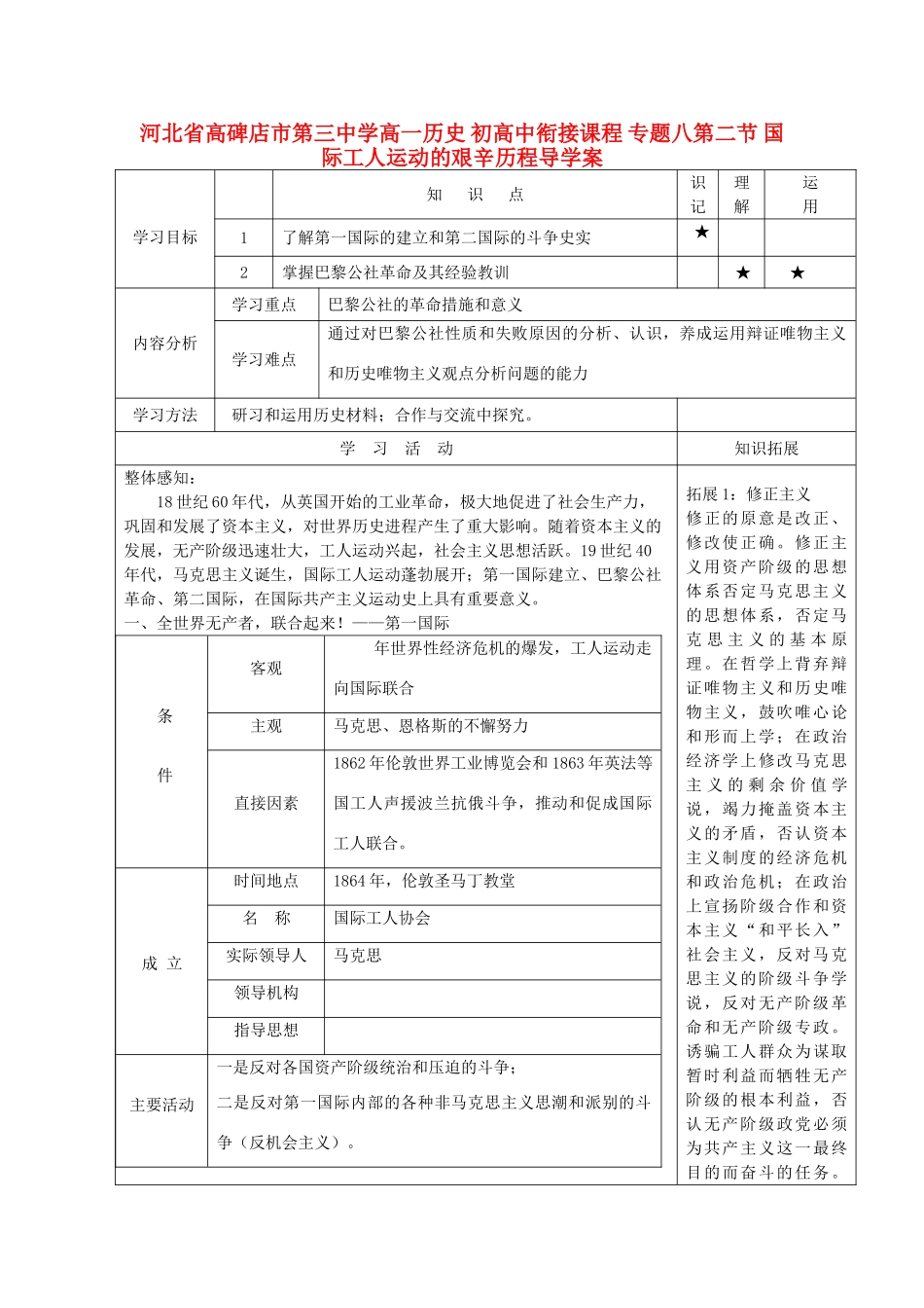 河北省高碑店市第三中学高一历史 初高中衔接课程 专题八第二节 国际工人运动的艰辛历程导学案_第1页