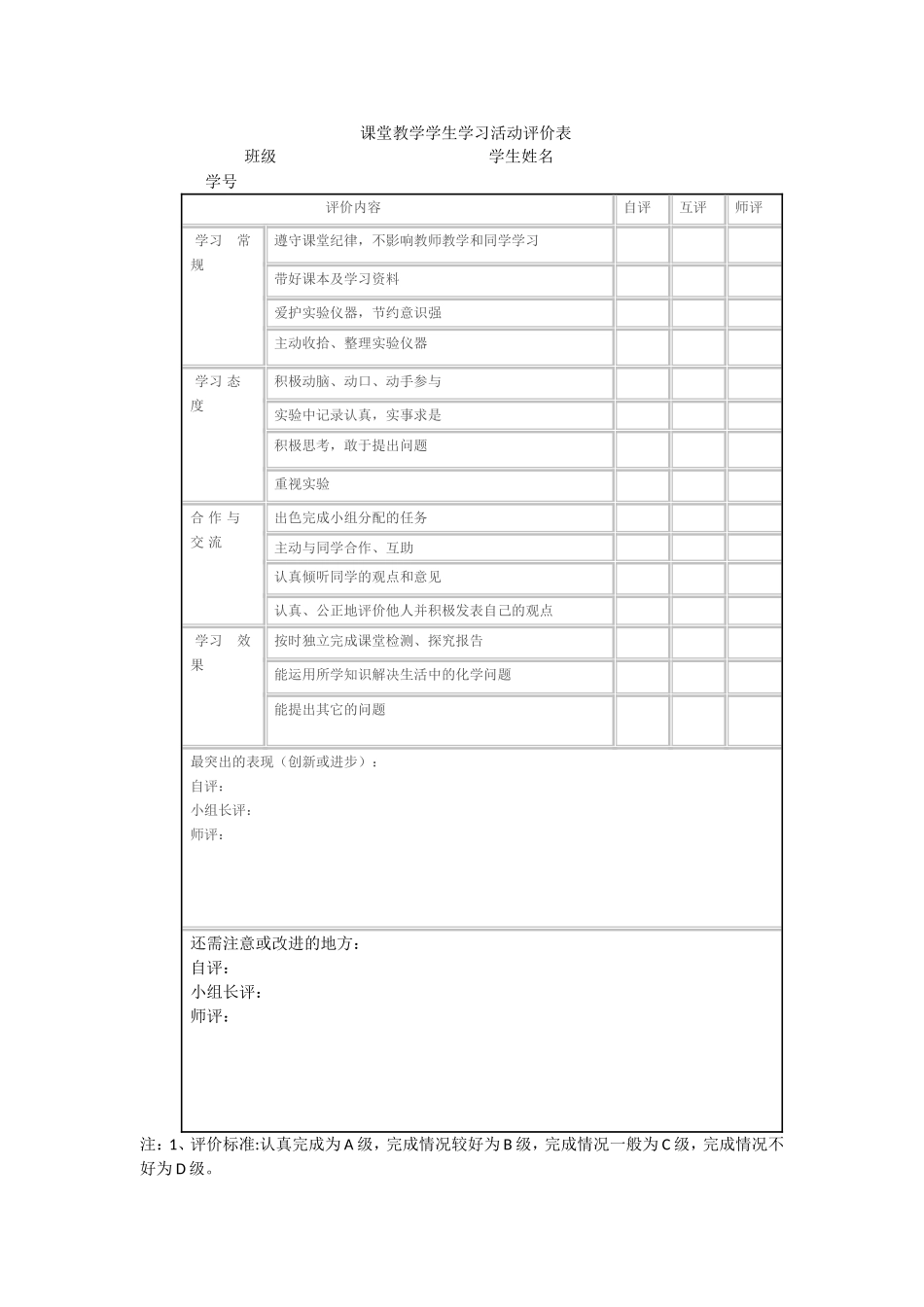 课堂教学学生学习活动评价表_第1页