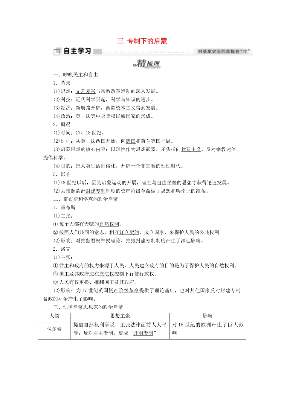 高中历史 专题六 西方人文精神的起源与发展 三 专制下的启蒙学案 人民版必修3-人民版高二必修3历史学案_第1页