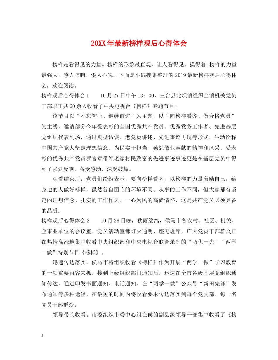20XX年最新榜样观后心得体会 _第1页