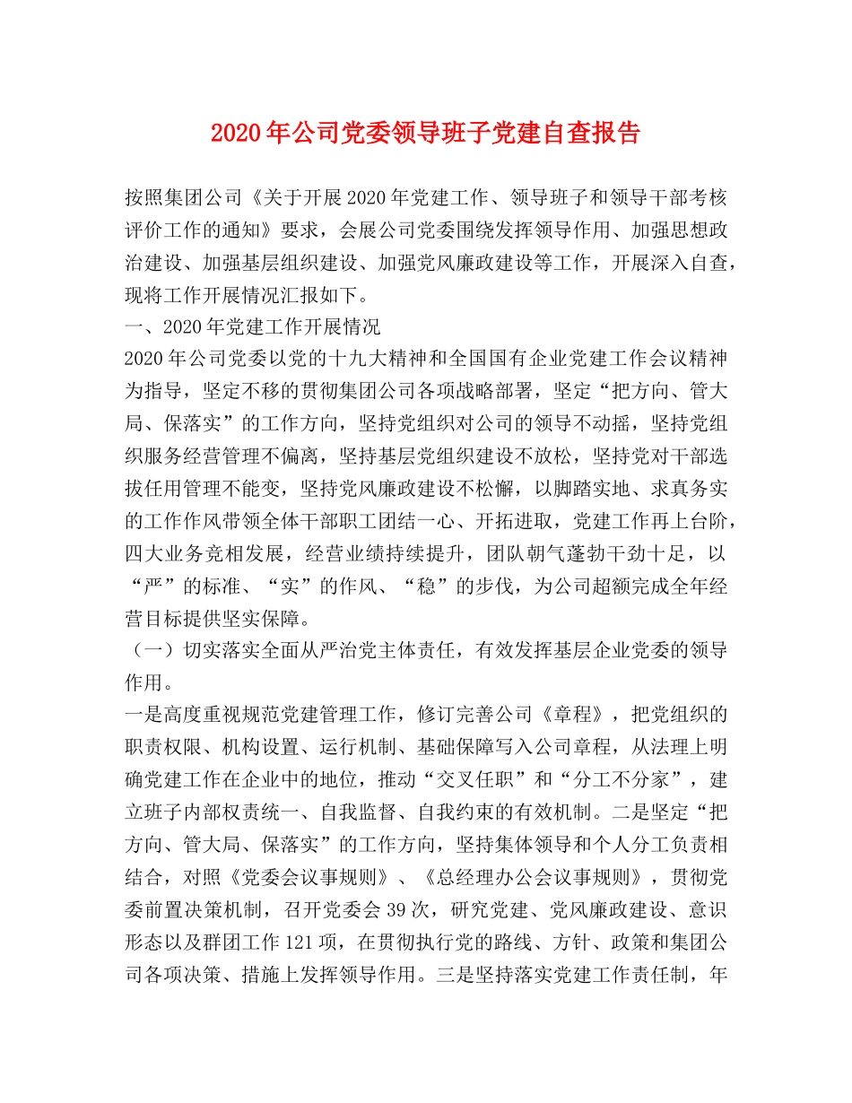 2024年公司党委领导班子党建自查报告 _第1页