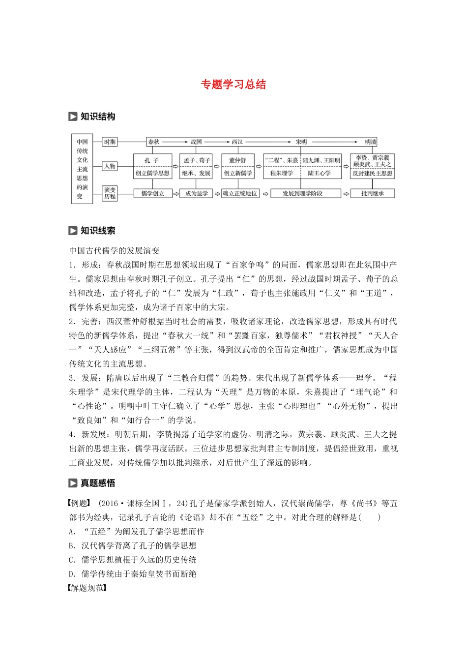 高中历史 专题一 中传统文化主流思想的演变专题学习总结学案（含解析）人民版必修3-人民版高二必修3历史学案_第1页