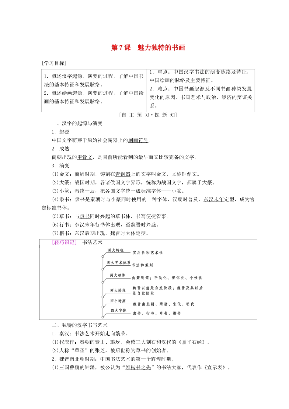 高中历史 第2单元 古代中国的科技与文化 第7课 魅力独特的书画学案 北师大版必修3-北师大版高一必修3历史学案_第1页