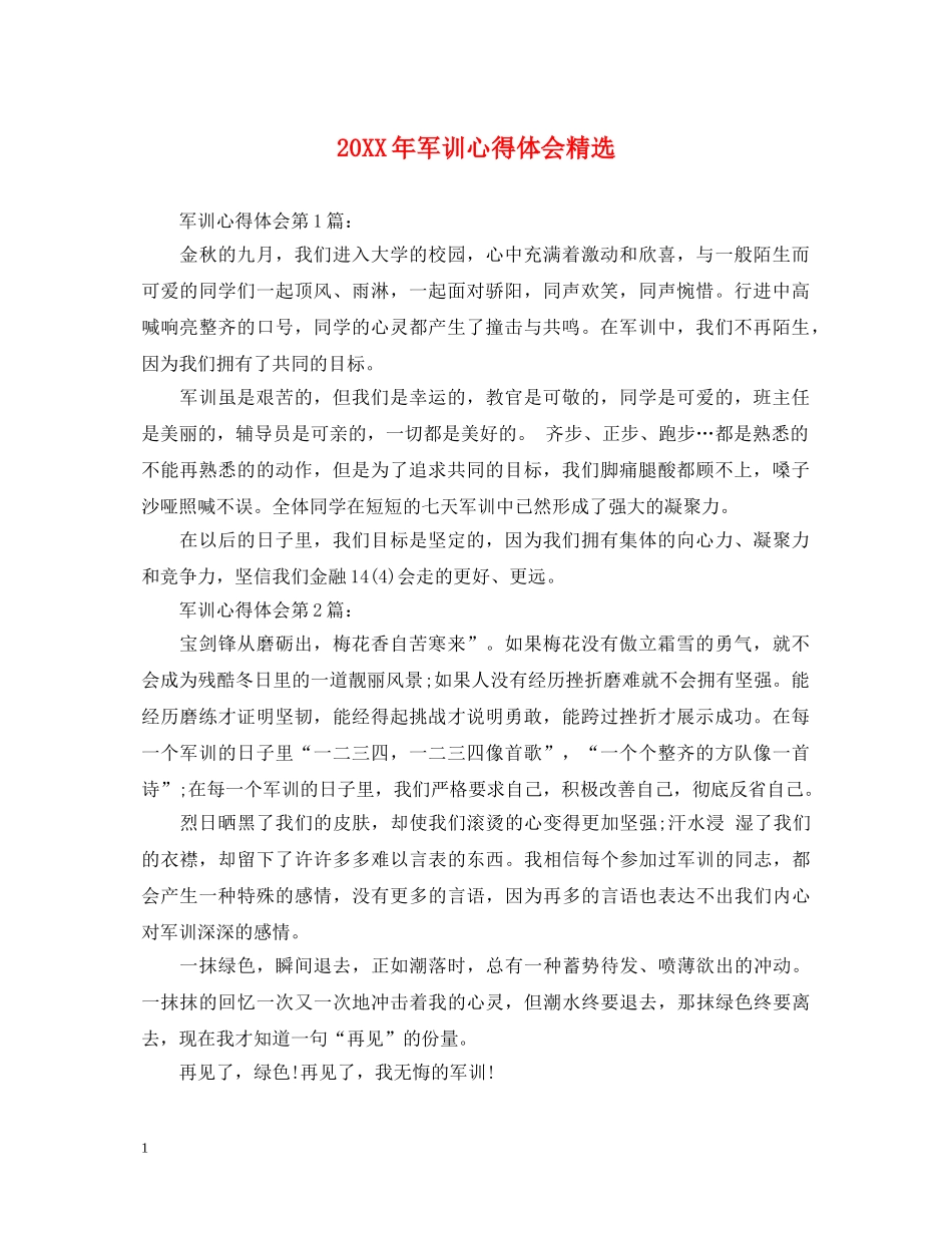 20XX年军训心得体会精选 _第1页
