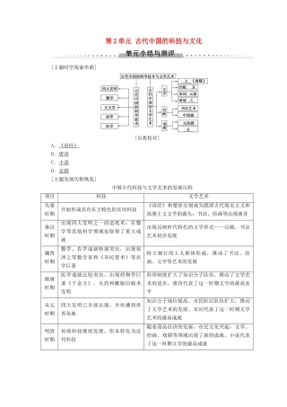 高中历史 第2单元 古代中国的科技与文化单元小结与测评学案 北师大版必修3-北师大版高一必修3历史学案