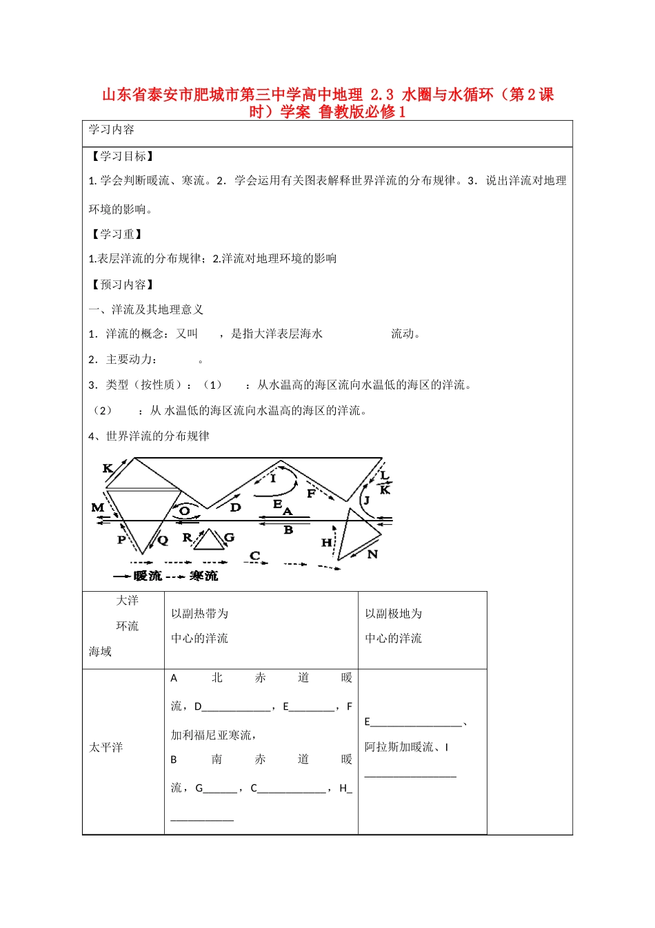 山东省泰安市肥城市第三中学高中地理 2.3 水圈与水循环（第2课时）学案 鲁教版必修1_第1页