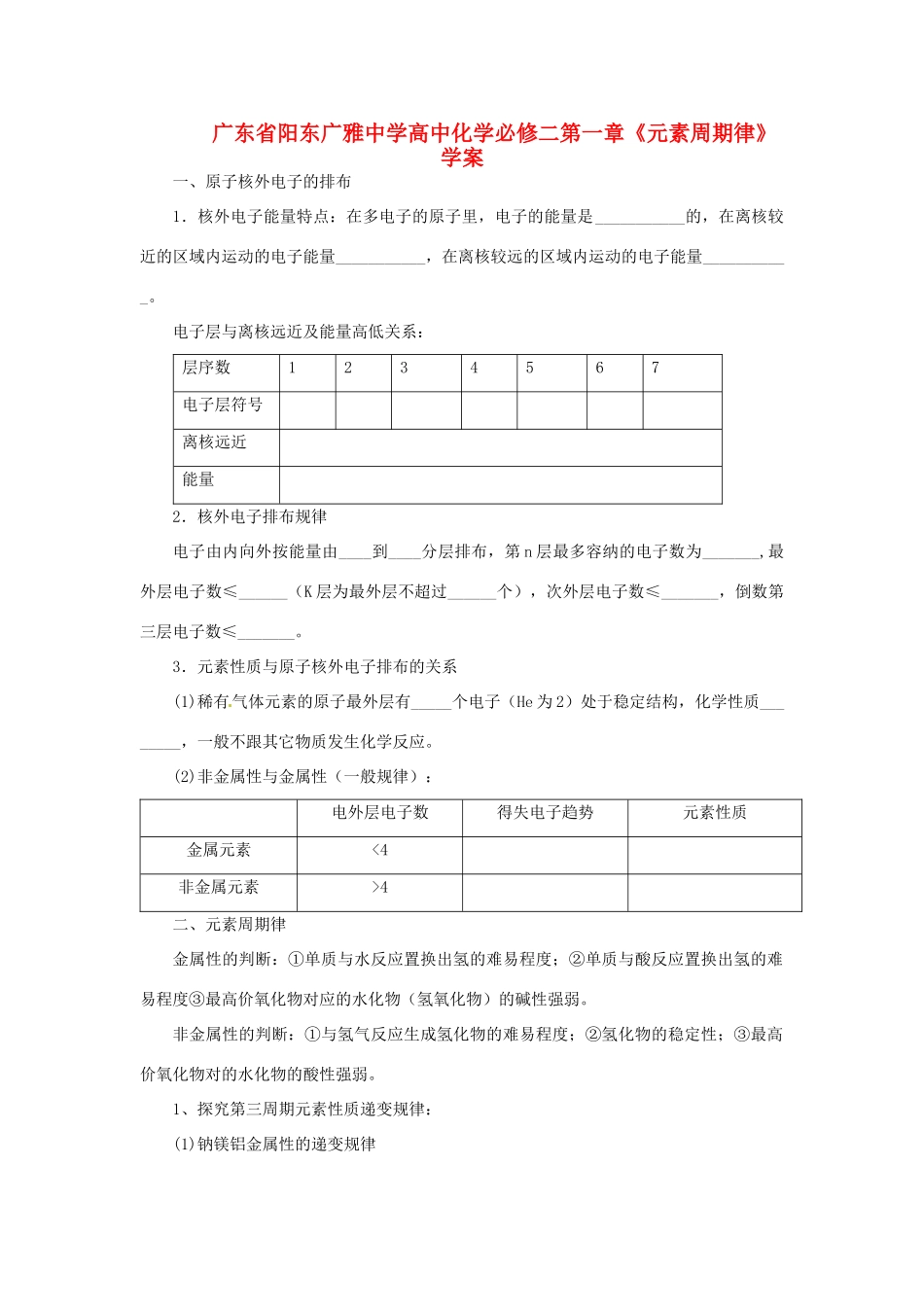 广东省阳东广雅中学高中化学 第一章《元素周期律》学案 新人教版必修2_第1页