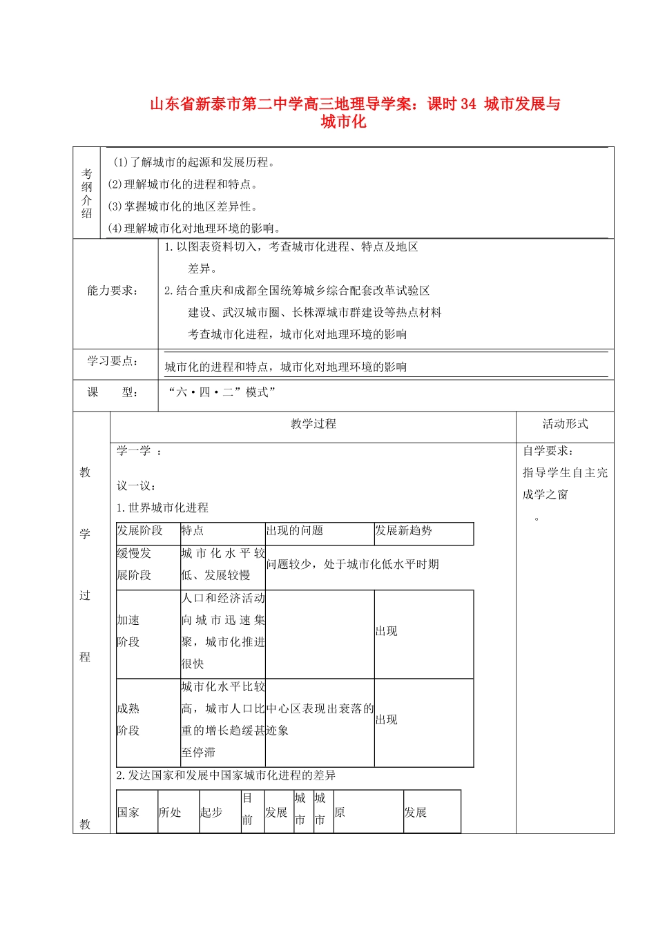 山东省新泰市第二中学高三地理 课时34 城市发展与城市化导学案_第1页
