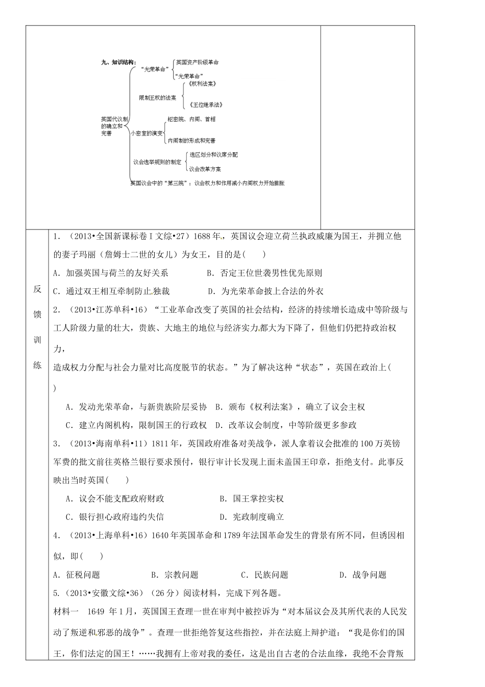 高中历史 专题七 第1节《英国代议制的确定与发展》学案 人民版必修1-人民版高一必修1历史学案_第3页