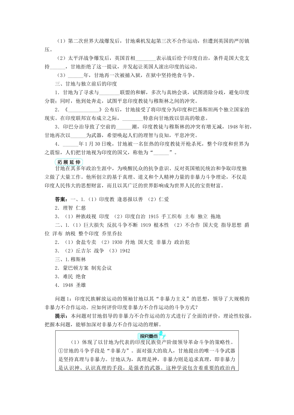 高中历史 专题四“亚洲觉醒”的先驱 三 圣雄甘地学案 人民版选修4-人民版高二选修4历史学案_第3页