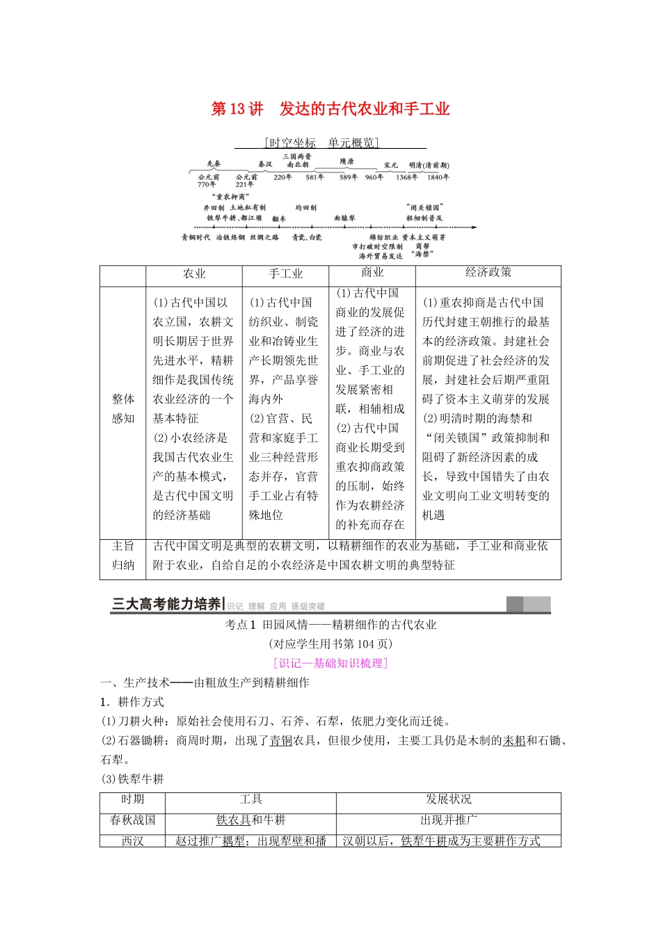 海南省高考历史一轮总复习 模块二 经济成长历程 第6单元 古代中国经济的基本结构与特点 第13讲 发达的古代农业和手工业学案-人教版高三全册历史学案_第1页