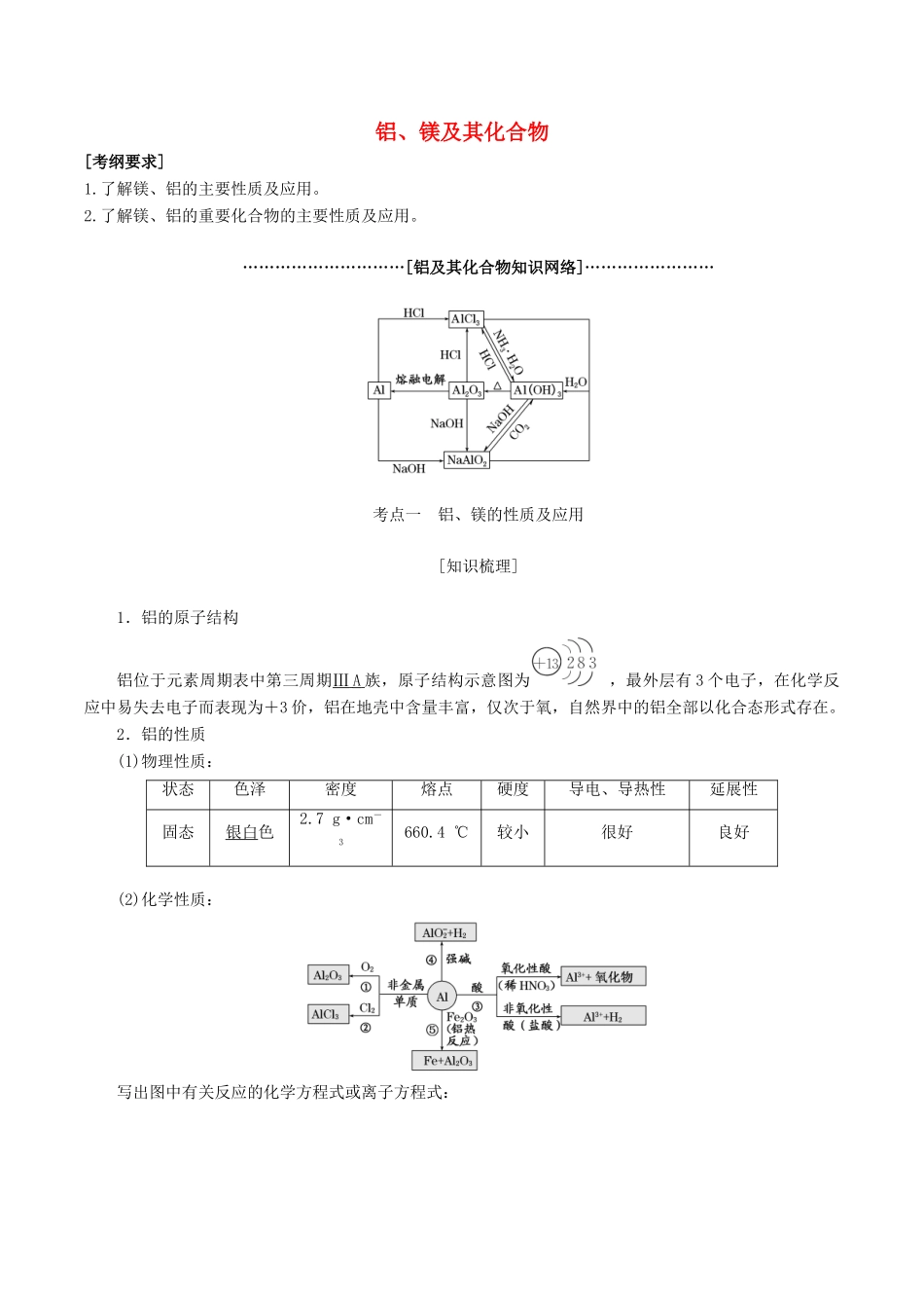 山东省单县五中高考化学一轮复习《铝、镁及其化合物》学案-人教版高三全册化学学案_第1页