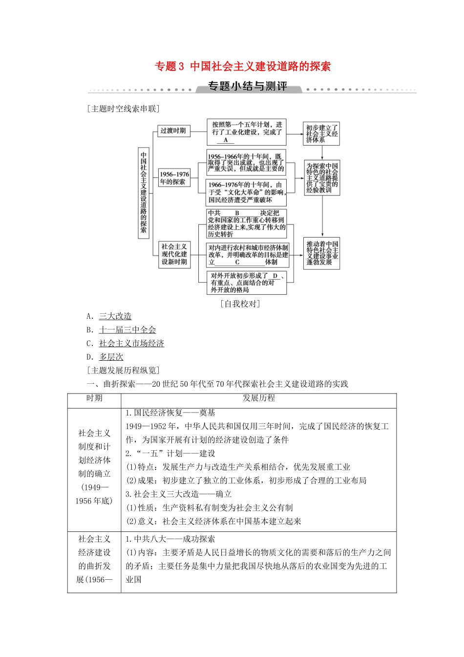 高中历史 专题3 中国社会主义建设道路的探索专题小结与测评学案 人民版必修2-人民版高一必修2历史学案_第1页