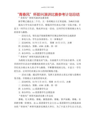 “青春风”杯即兴演讲比赛参考计划总结 