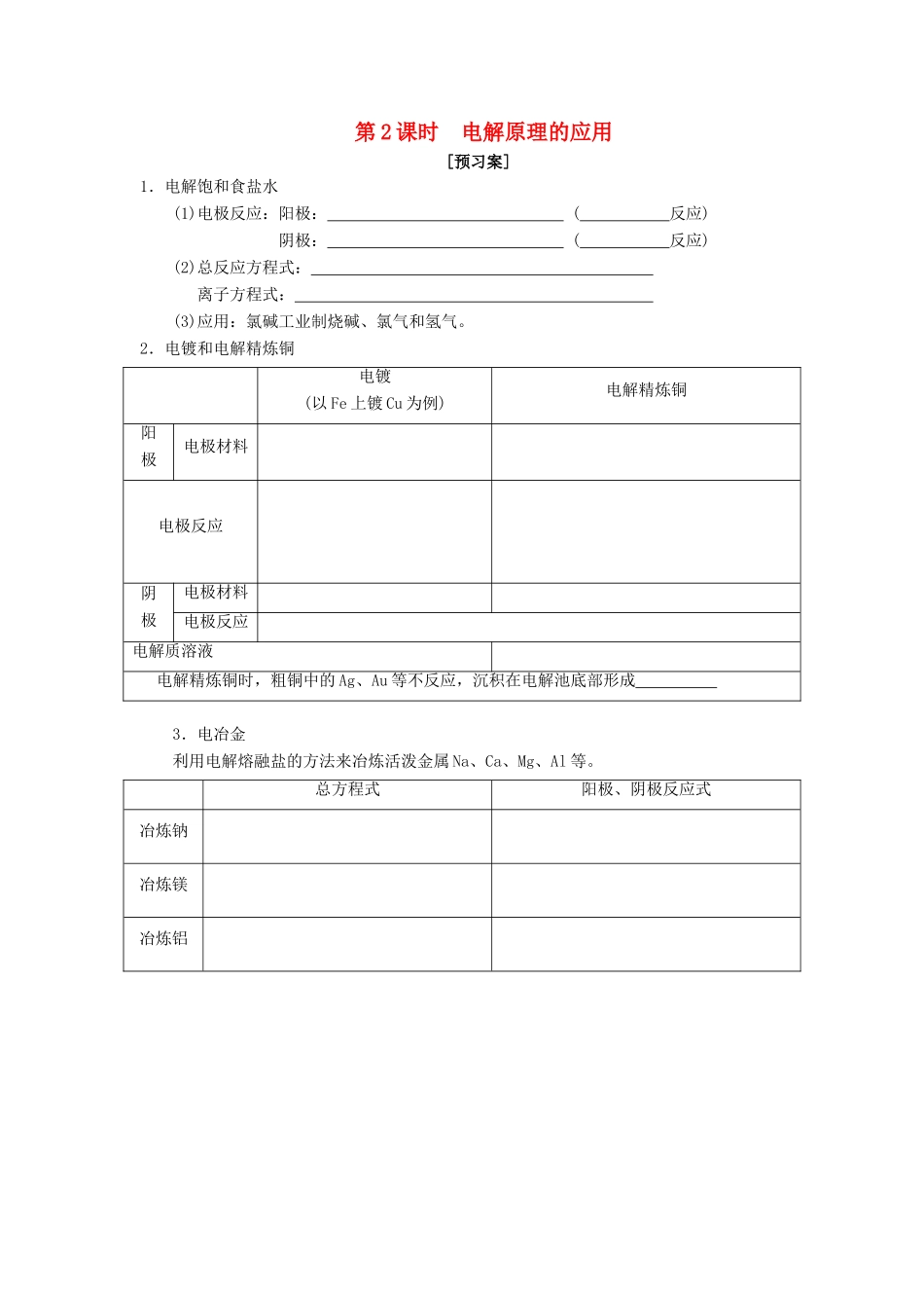 山东省单县五中高三化学一轮复习 第二课时 电解原理的应用学案-人教版高三全册化学学案_第1页