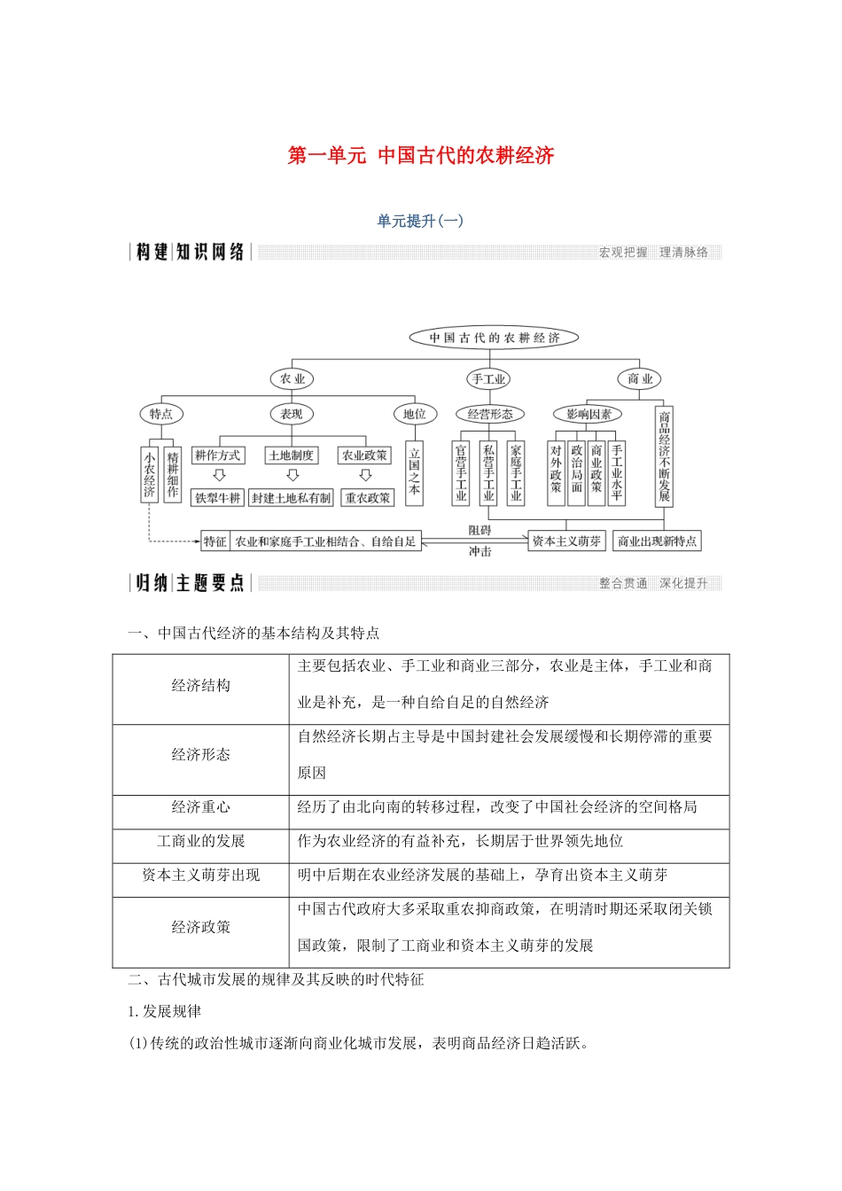 高中历史 第一单元 中国古代的农耕经济单元提升（一）学案 岳麓版必修2-岳麓版高一必修2历史学案_第1页