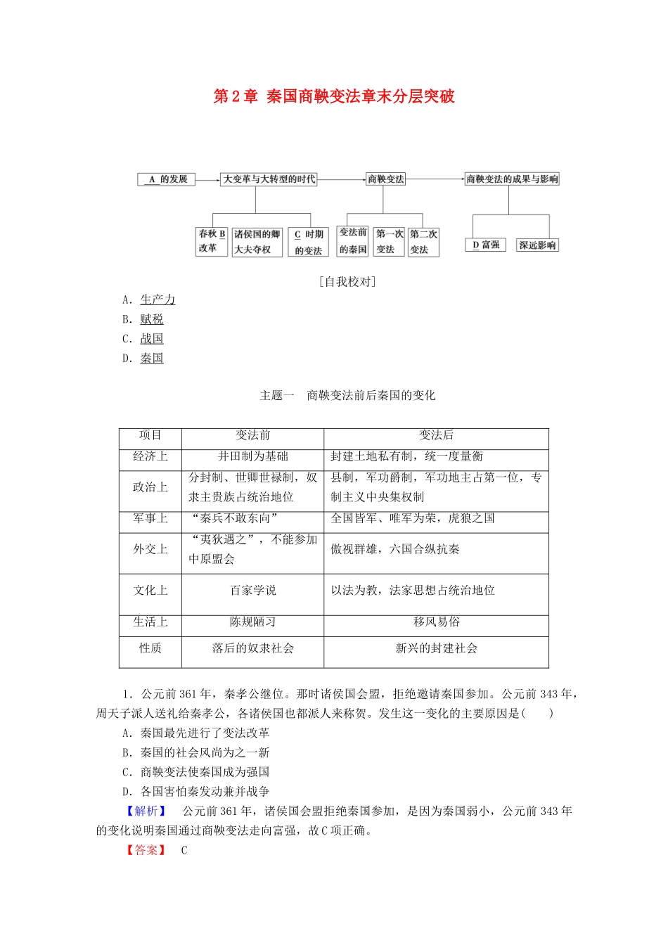 高中历史 第2章 秦国商鞅变法章末分层突破学案 北师大版选修1-北师大版高中选修1历史学案_第1页