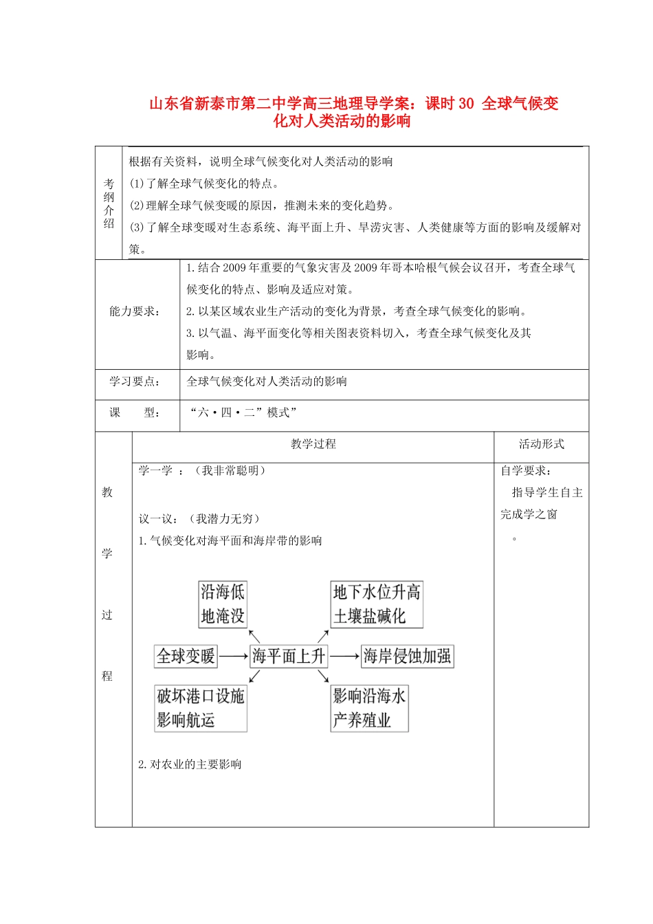 山东省新泰市第二中学高三地理 课时30 全球气候变化对人类活动的影响导学案_第1页
