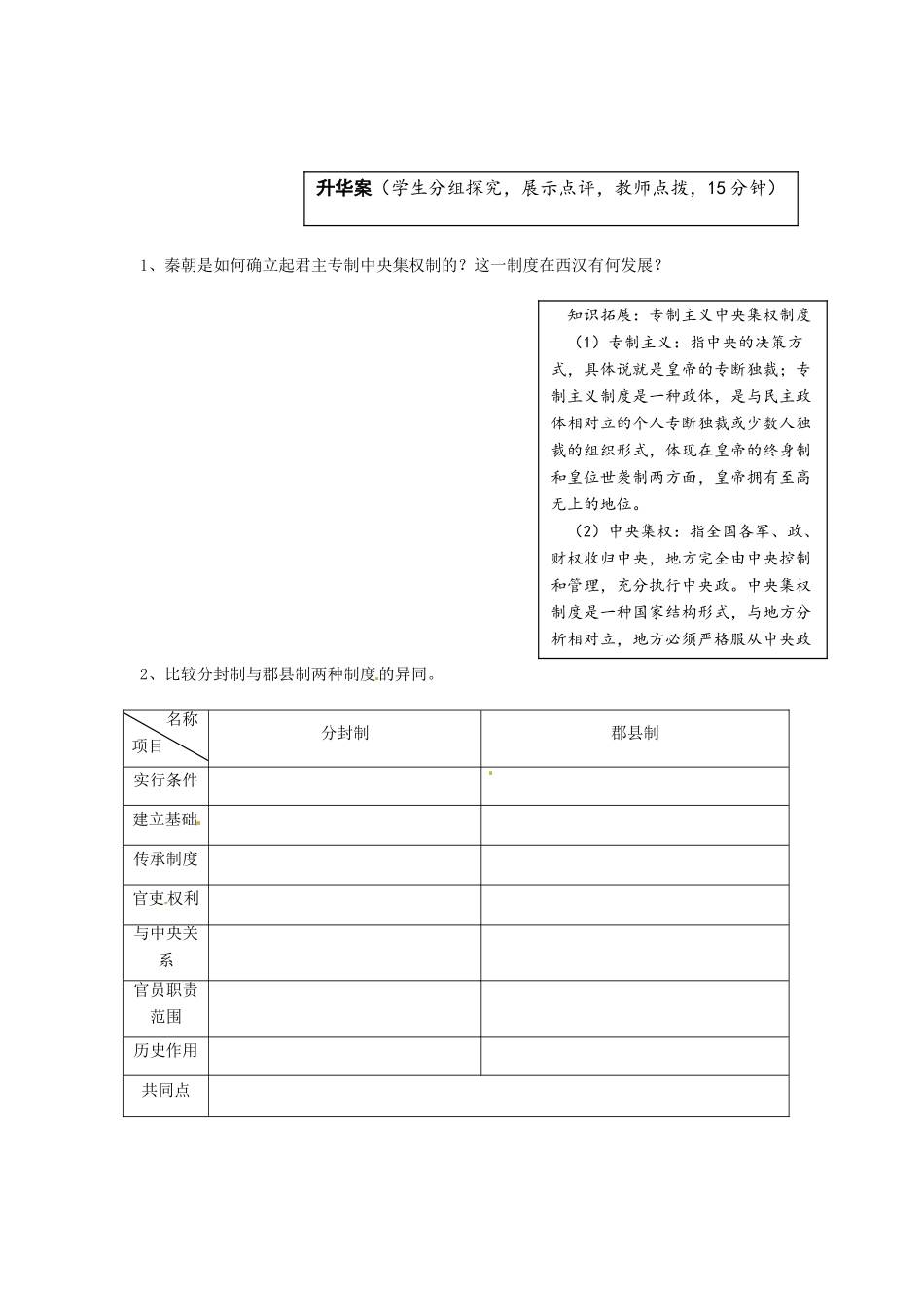 云南省宜良县第一中学高中历史 专题一 1.2 走向“大一统”的秦汉政治导学案（无答案） 人民版必修1_第2页