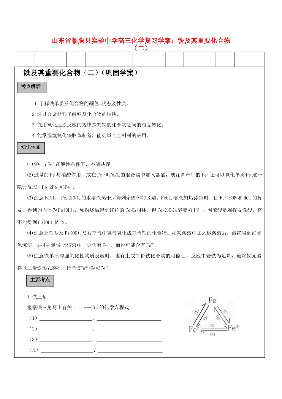 山东省临朐县实验中学高三化学 铁及其重要化合物（二）复习学案_第1页