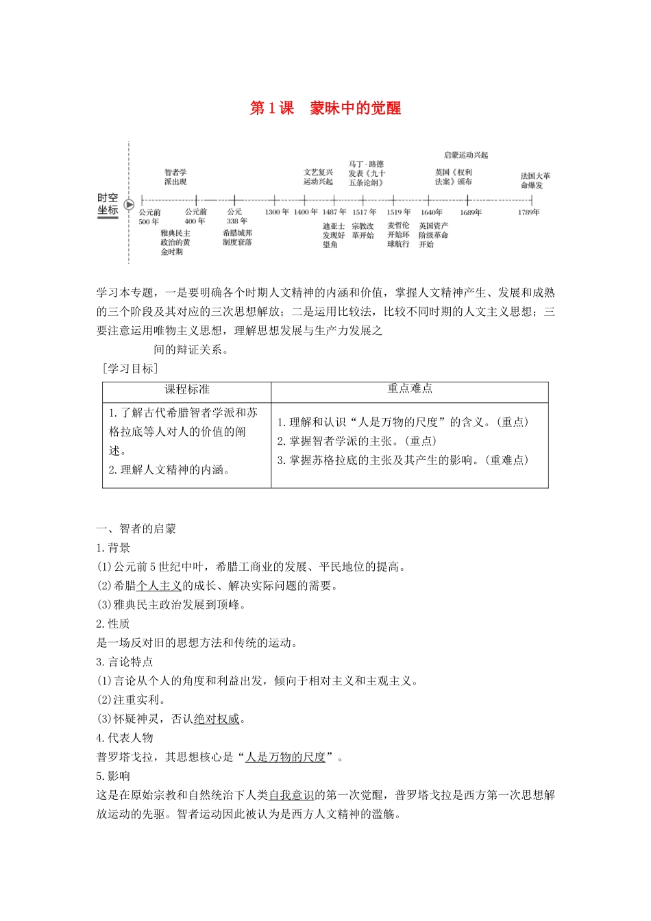 高中历史 专题六 西方人文精神的起源与发展 第1课 蒙昧中的觉醒学案 人民版必修3-人民版高一必修3历史学案_第1页