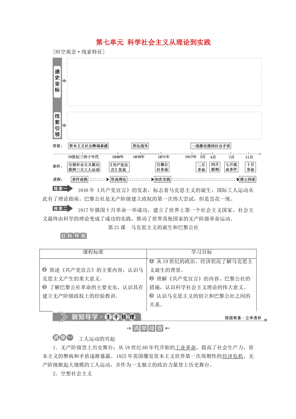 高中历史 第七单元 科学社会主义从理论到实践 第21课 马克思主义的诞生和巴黎公社学案 北师大版必修1-北师大版高一必修1历史学案_第1页