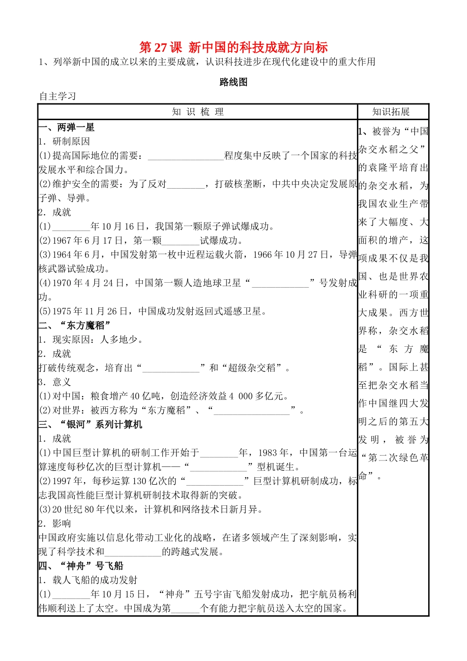 高中历史 第六单元 第27课 新中国的科技成就学案 岳麓版必修3-岳麓版高二必修3历史学案_第1页