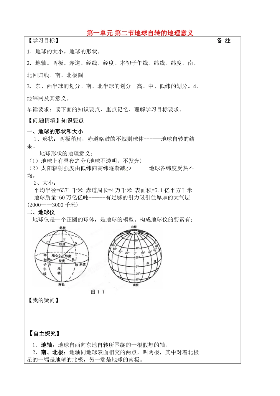 江苏省盐城市时杨中学高一地理 第一单元 第二节地球自转的地理意义（第一课时）导学案 鲁教版_第1页