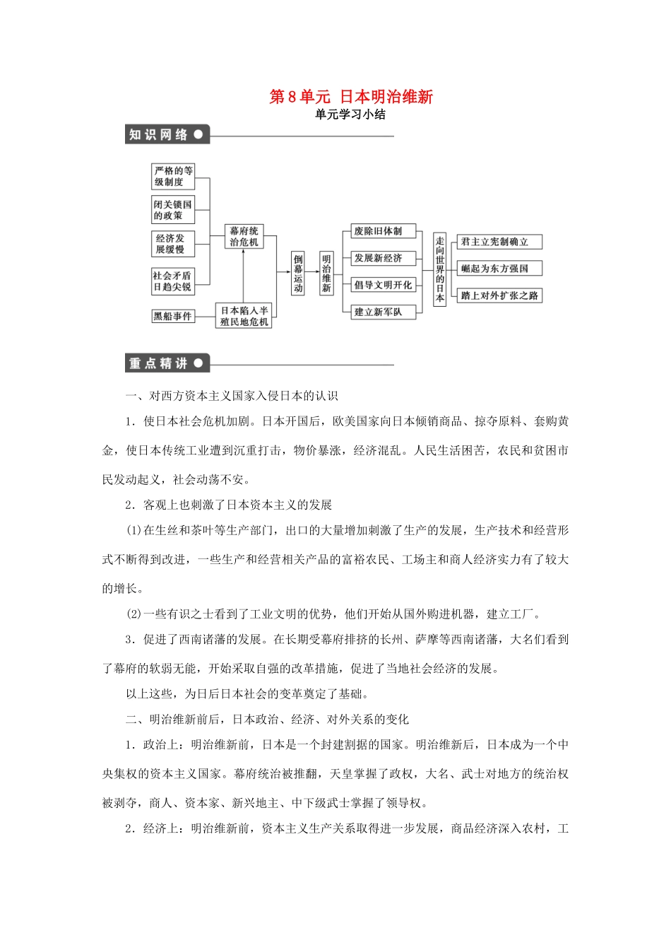 高中历史 第8单元 日本明治维新单元学习小结学案 新人教版选修1-新人教版高二选修1历史学案_第1页