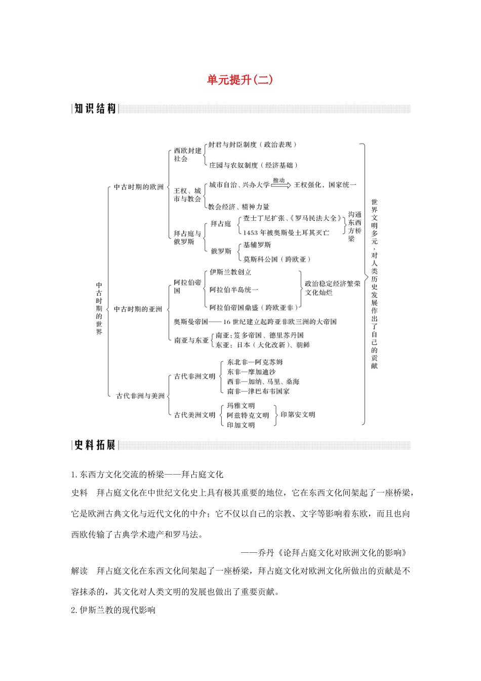 高中历史 第二单元 中古时期的世界单元提升（二）导学案 新人教版必修《中外历史纲要下》-新人教版高一必修历史学案_第1页