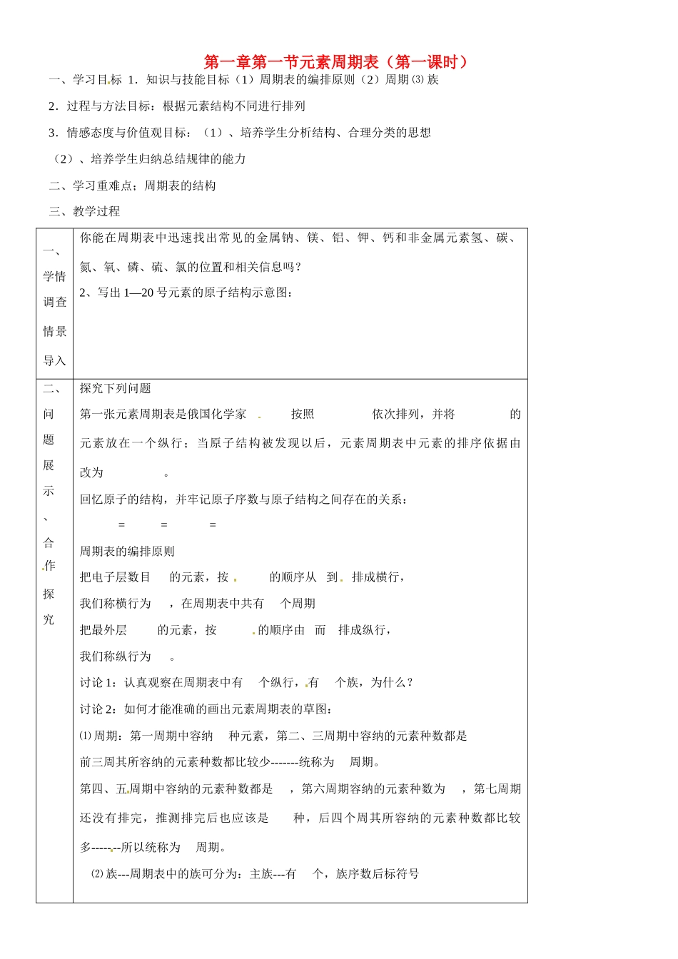 山东省淄博市淄川般阳中学高中化学 第1章 第1节《元素周期表》导学案1 新人教版必修2_第1页