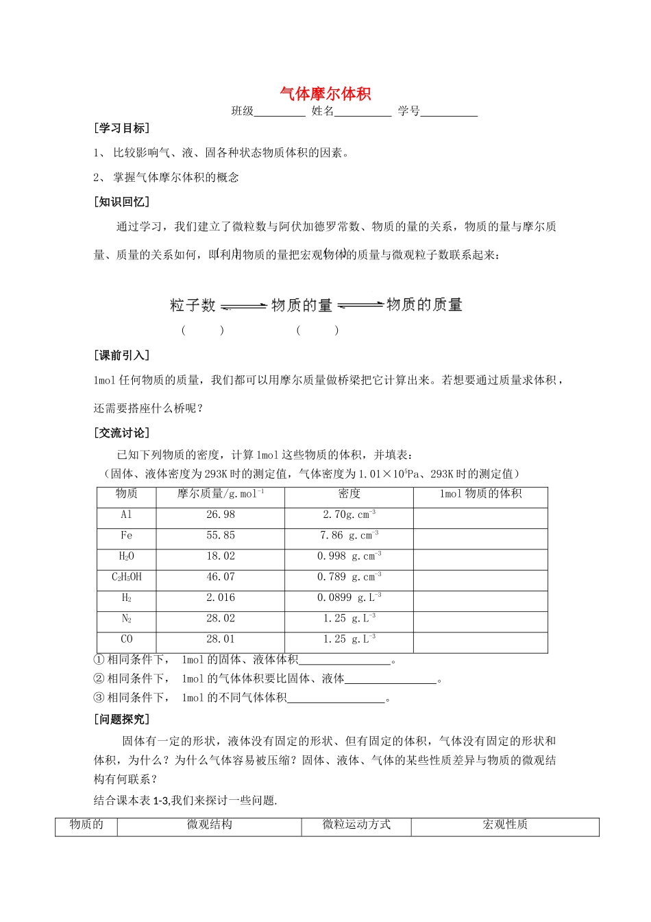 江苏省常州市高一化学《气体摩尔体积》学案_第1页