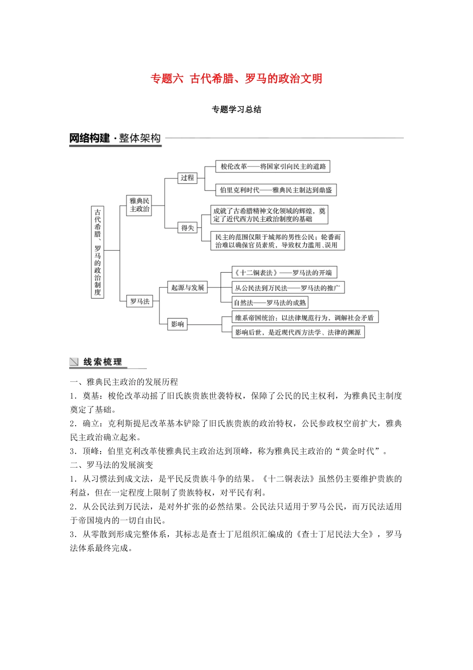 高中历史 专题六 古代希腊、罗马的政治文明专题学习总结学案 人民版必修1-人民版高一必修1历史学案_第1页