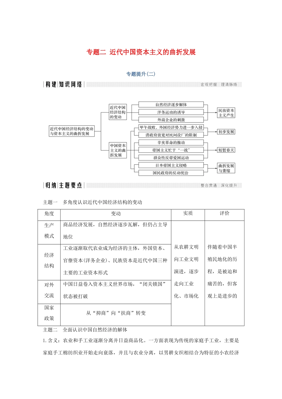 高中历史 专题二 近代中国资本主义的曲折发展专题提升学案 人民版必修2-人民版高一必修2历史学案_第1页